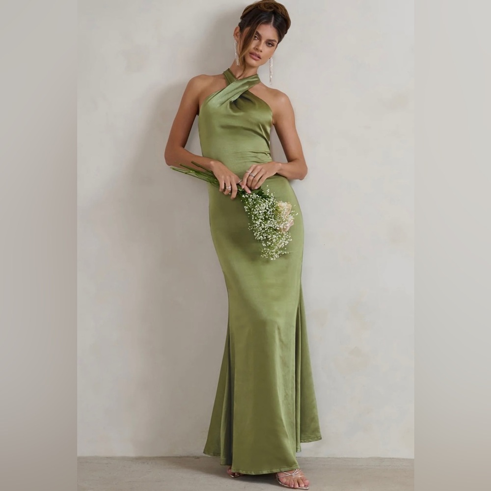 Size 6 Club L London UNSTOPPABLE OLIVE GREEN SATIN 
HALTER Dress- new with tags